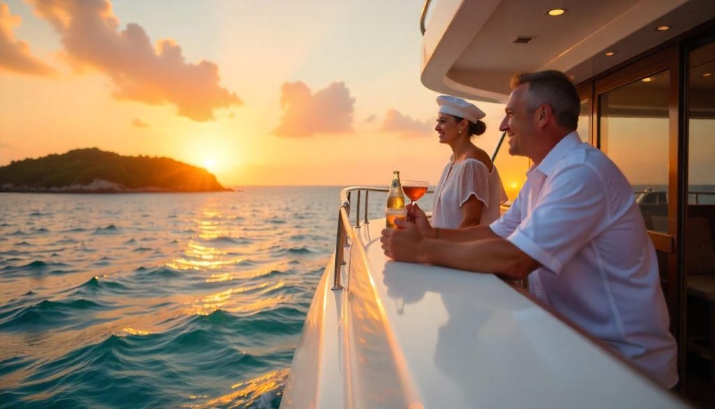 Couple relaxing on a crewed vs. bareboat charters yacht at sunset with a crew member serving cocktails.